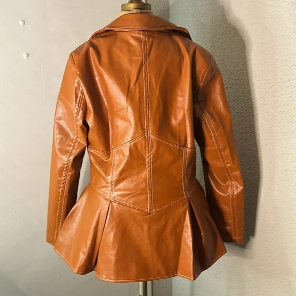 Pressed Brown Zip Up Peplum PU Jacket Swing Coat XL Boho Indie Rocker Glam Retro - Picture 2 of 12